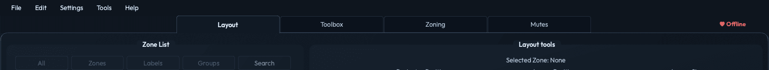 Top-level tab strip showing Layout selected, plus Toolbox, Zoning, and Mutes.