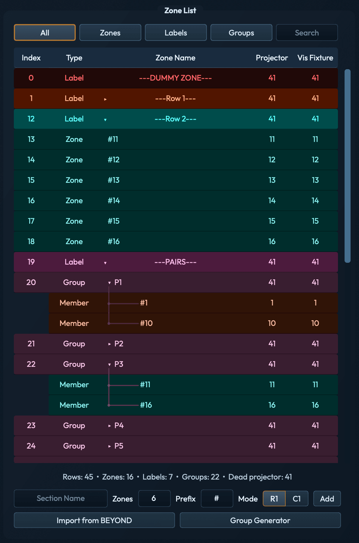 Zone list close-up showing mixed row types. Row 0: red DUMMY ZONE label. Rows 1 and 12: teal section labels. Rows 13–18: Zone rows. Row 19: purple PAIRS label. Rows 20–24: green Group rows with indented Member rows.