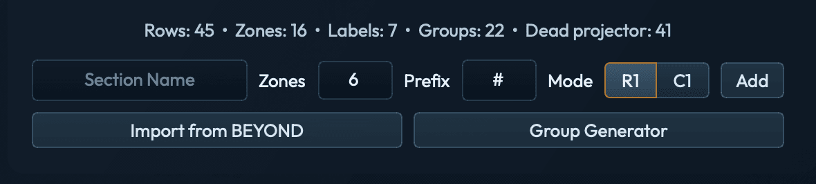 Section authoring row: Section Name field, Zones spinner showing 6, Prefix field, Mode toggle with R1 active, Add button.