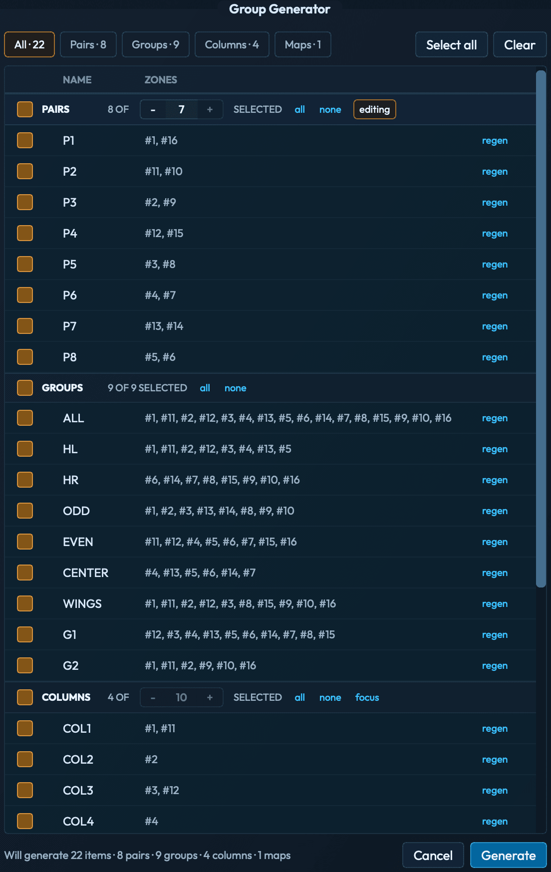 Group Generator review card with family chips All · 22, Pairs · 8, Groups · 9, Columns · 4, Maps · 1. PAIRS family expanded with rows P1 through P8. Footer reads 'Will generate 22 items' with Cancel and Generate buttons.