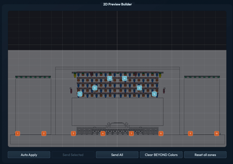 2D Layout canvas with a stage plot overlay loaded showing a concert venue at reduced opacity behind the canvas grid. Ten projector zone tiles are positioned along the bottom matching the venue layout.
