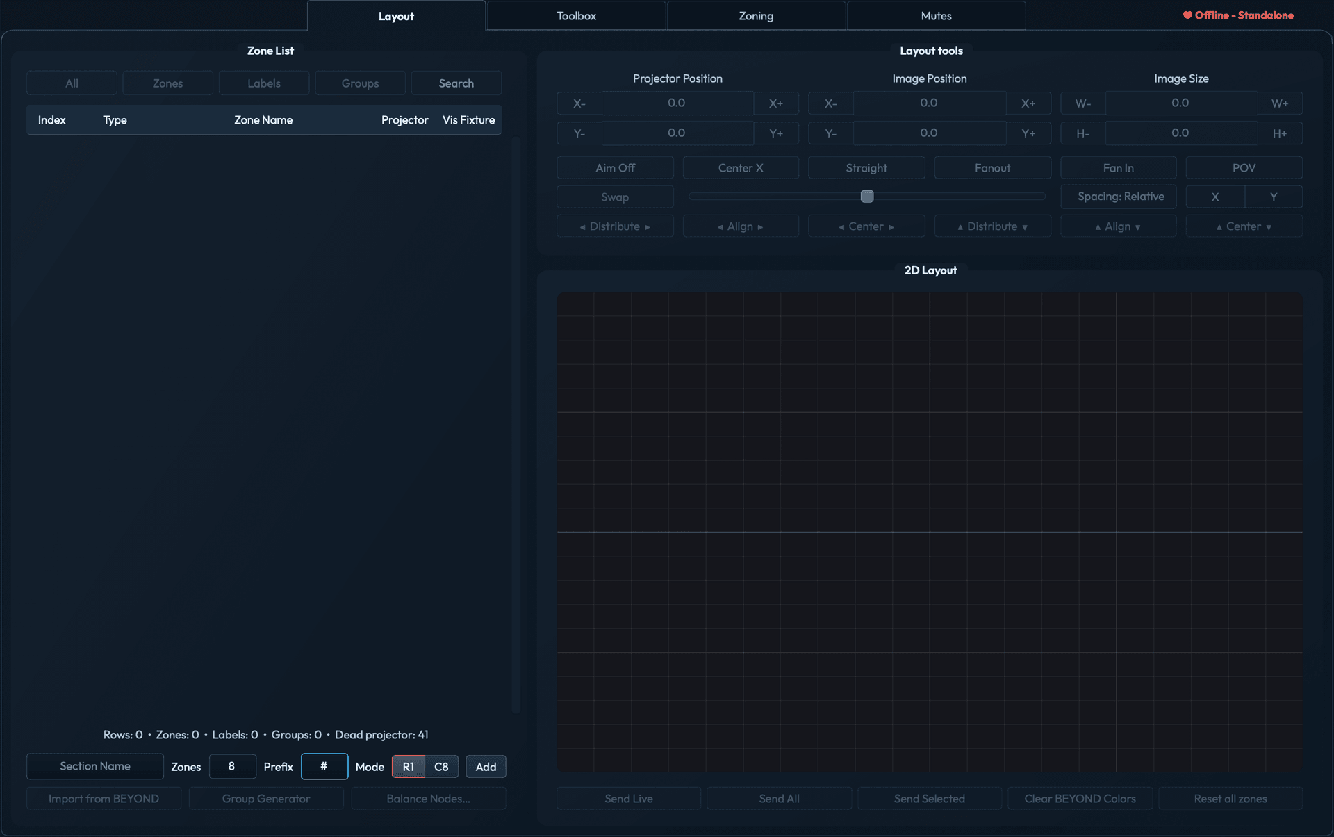 Layout in blank state. Zone list card on the left shows column headers with no rows. Layout tools panel top-right. Empty 2D Layout canvas center-right.