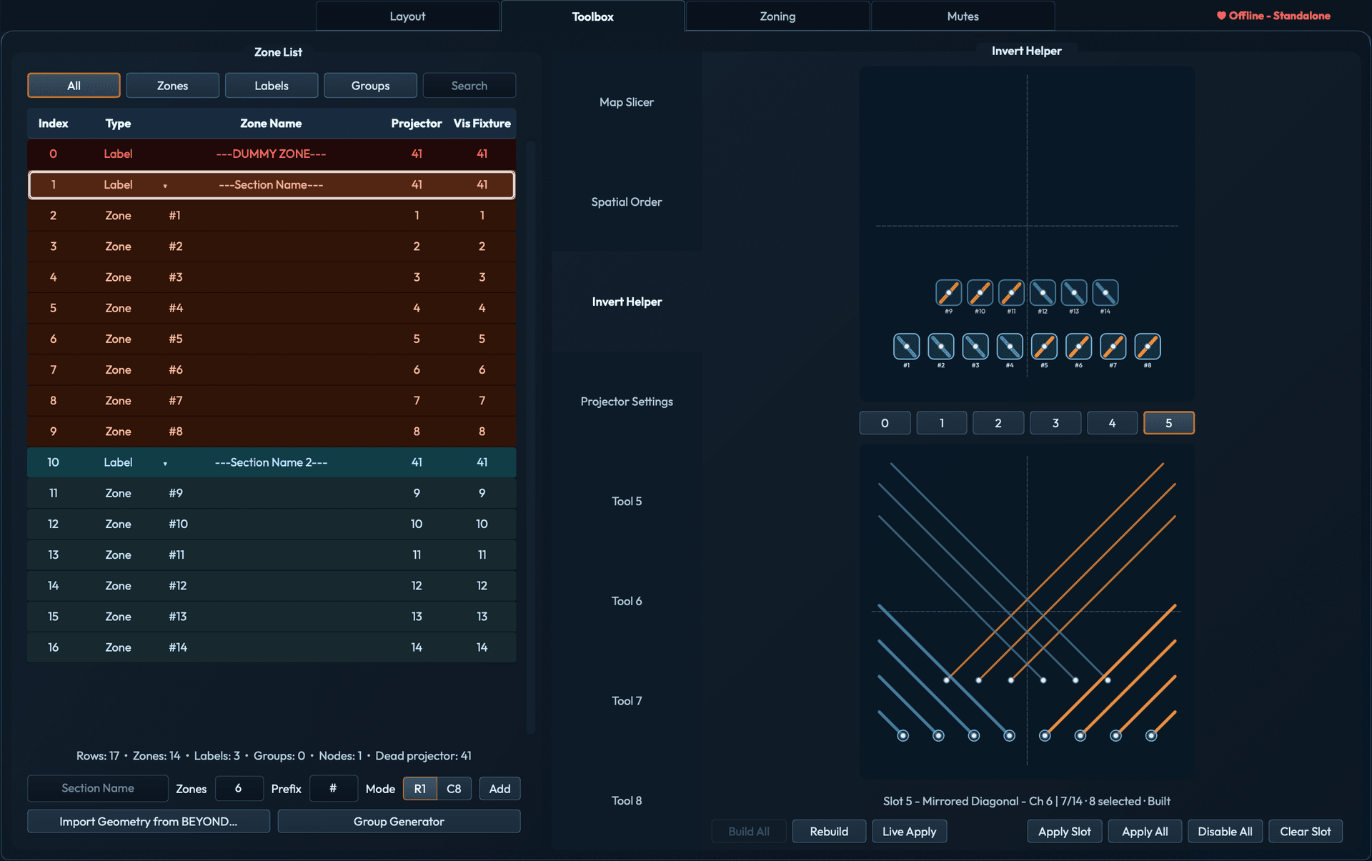 Toolbox with Invert Helper selected on a 14-zone profile. Slot 5 is active and built as Mirrored Diagonal on BEYOND channel 6. The diagram shows the selected orange and blue invert pattern across both rows of the rig.