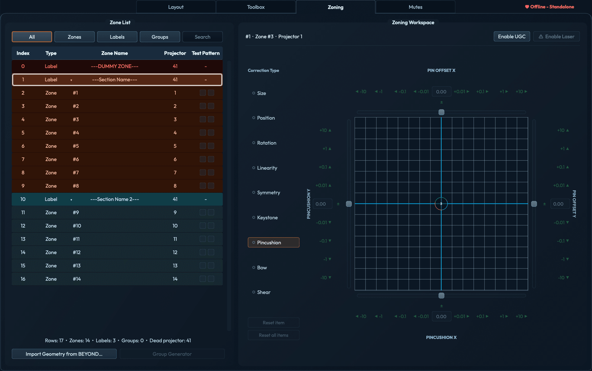 Zoning workspace with zone #1 on projector 1 selected from a 14-zone profile. Pincushion correction is active with neutral X and Y offsets, and Enable UGC plus a disabled Enable Laser control appear at the top right.