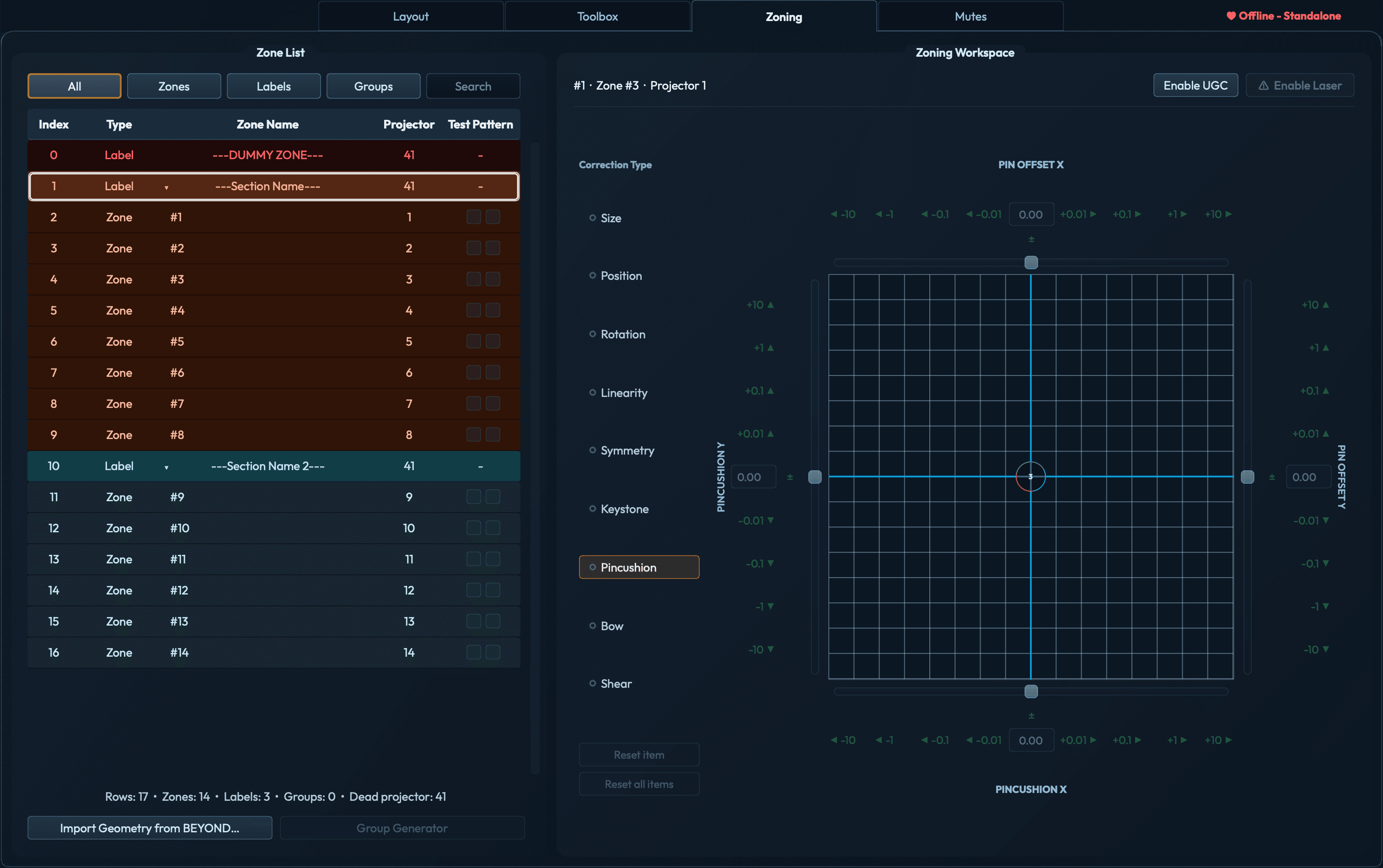 Current Zoning workspace with a 14-zone profile, Pincushion correction controls, and the selected projector correction grid