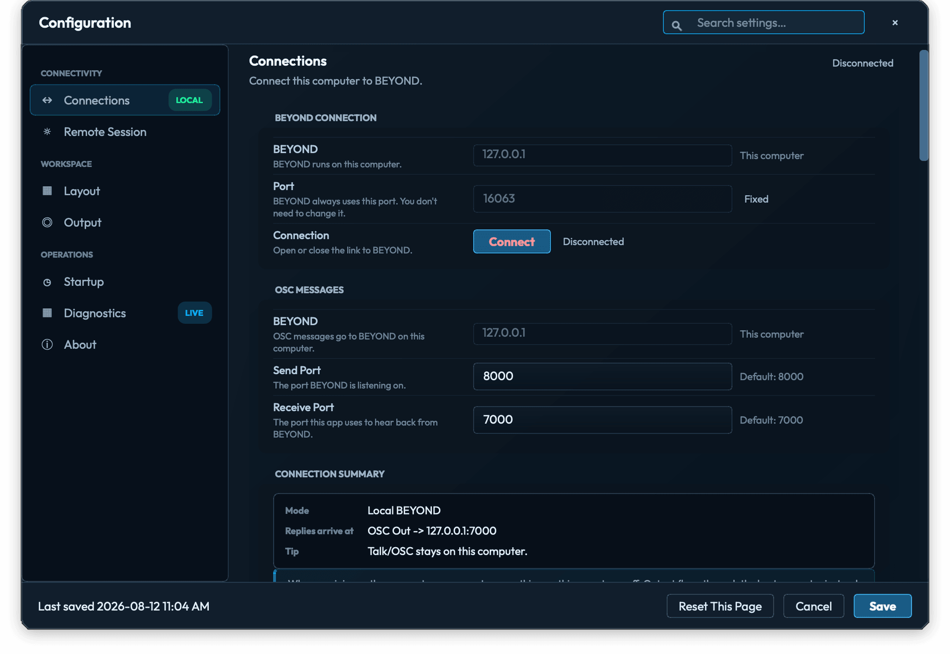 Configuration dialog with Connections selected. BEYOND uses local host 127.0.0.1 on fixed Talk TCP port 16063. OSC Send Port is 8000 and Receive Port is 7000.