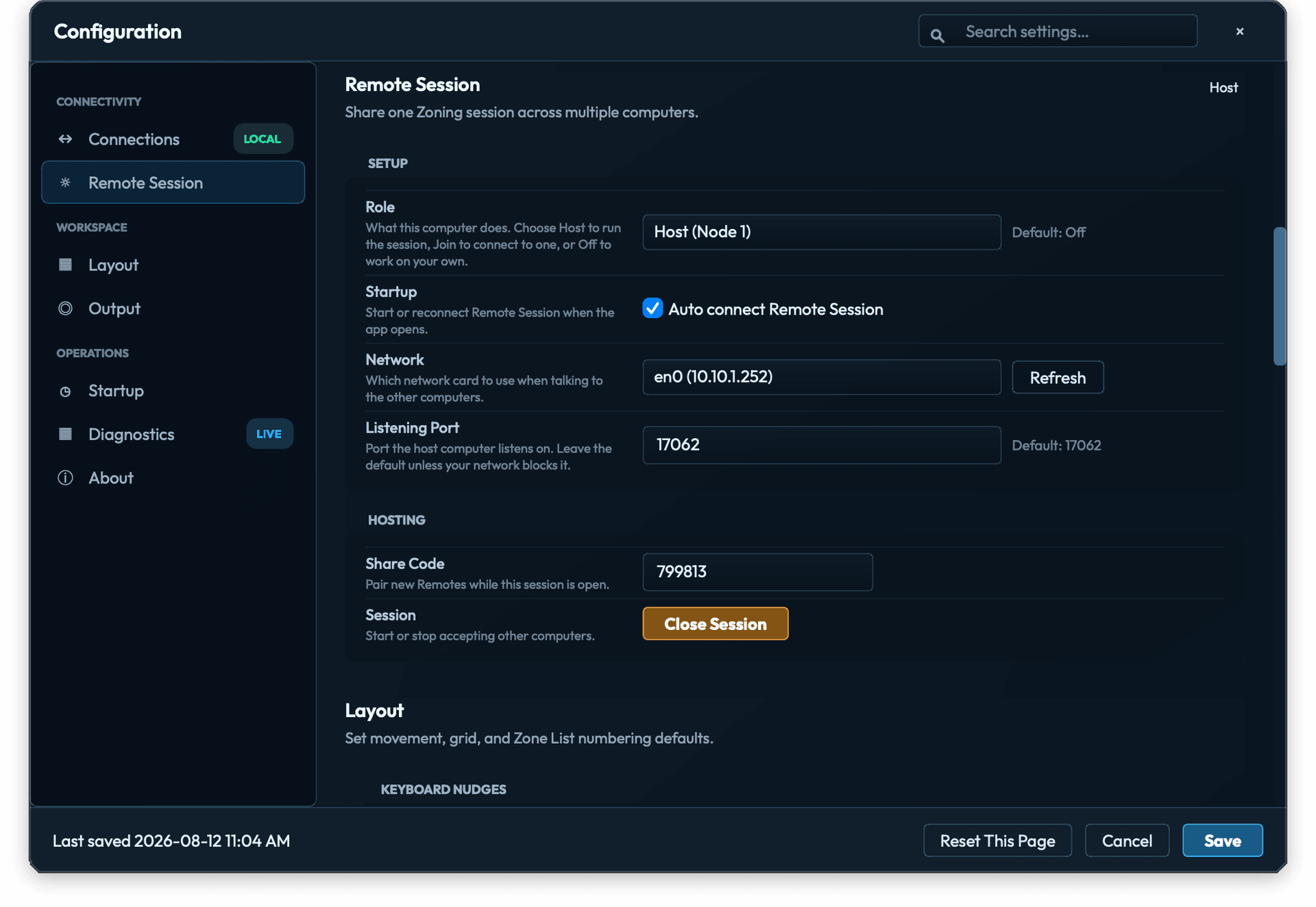 Configuration Remote Session page in Host Node 1 role. Auto connect is enabled, the control network is en0 at 10.10.1.252, Listening Port is 17062, and an open session displays a six-digit Share Code.