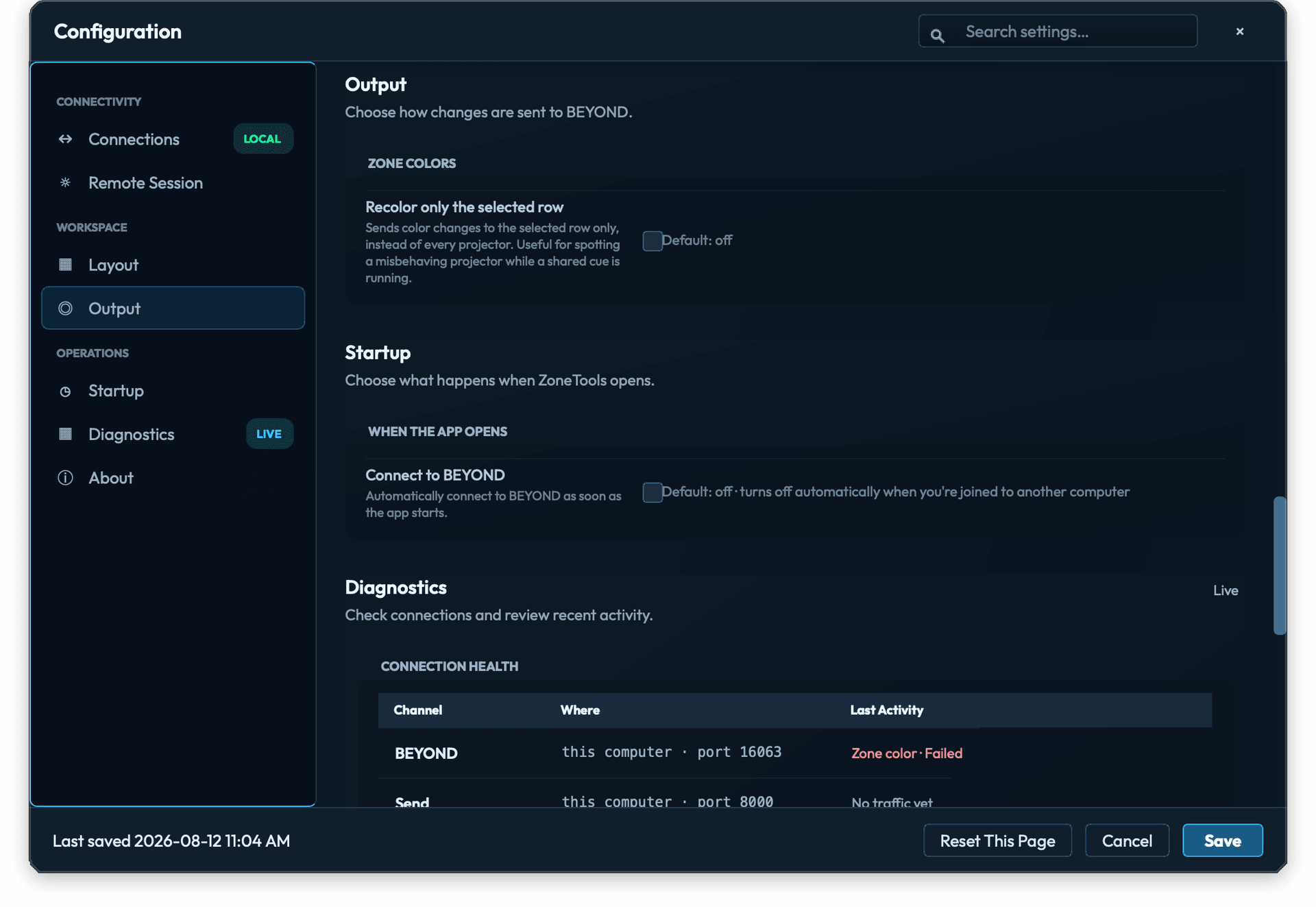 Configuration Output page showing Recolor only the selected row, disabled by default.
