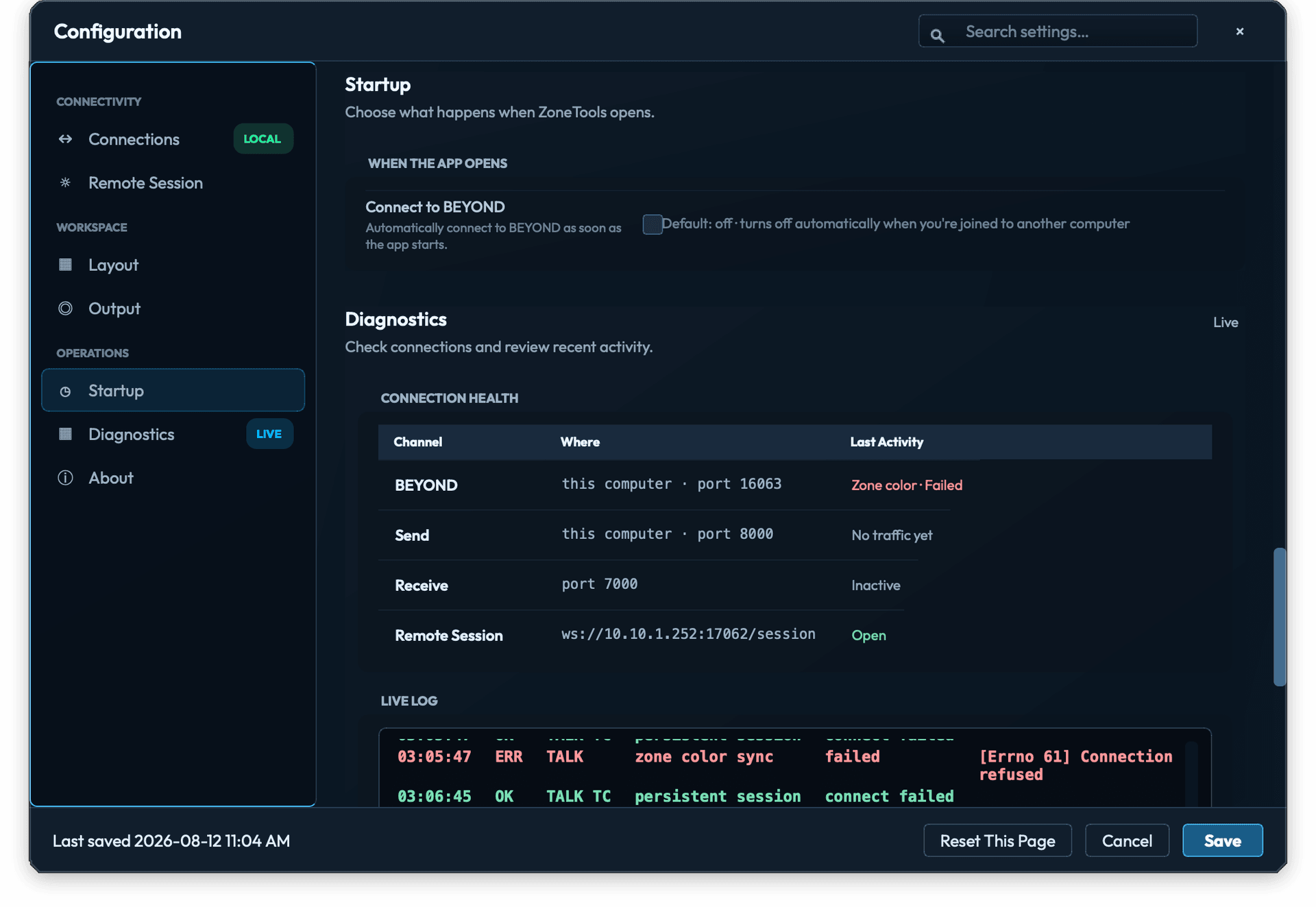Configuration Startup page showing the Connect to BEYOND startup checkbox, disabled by default.