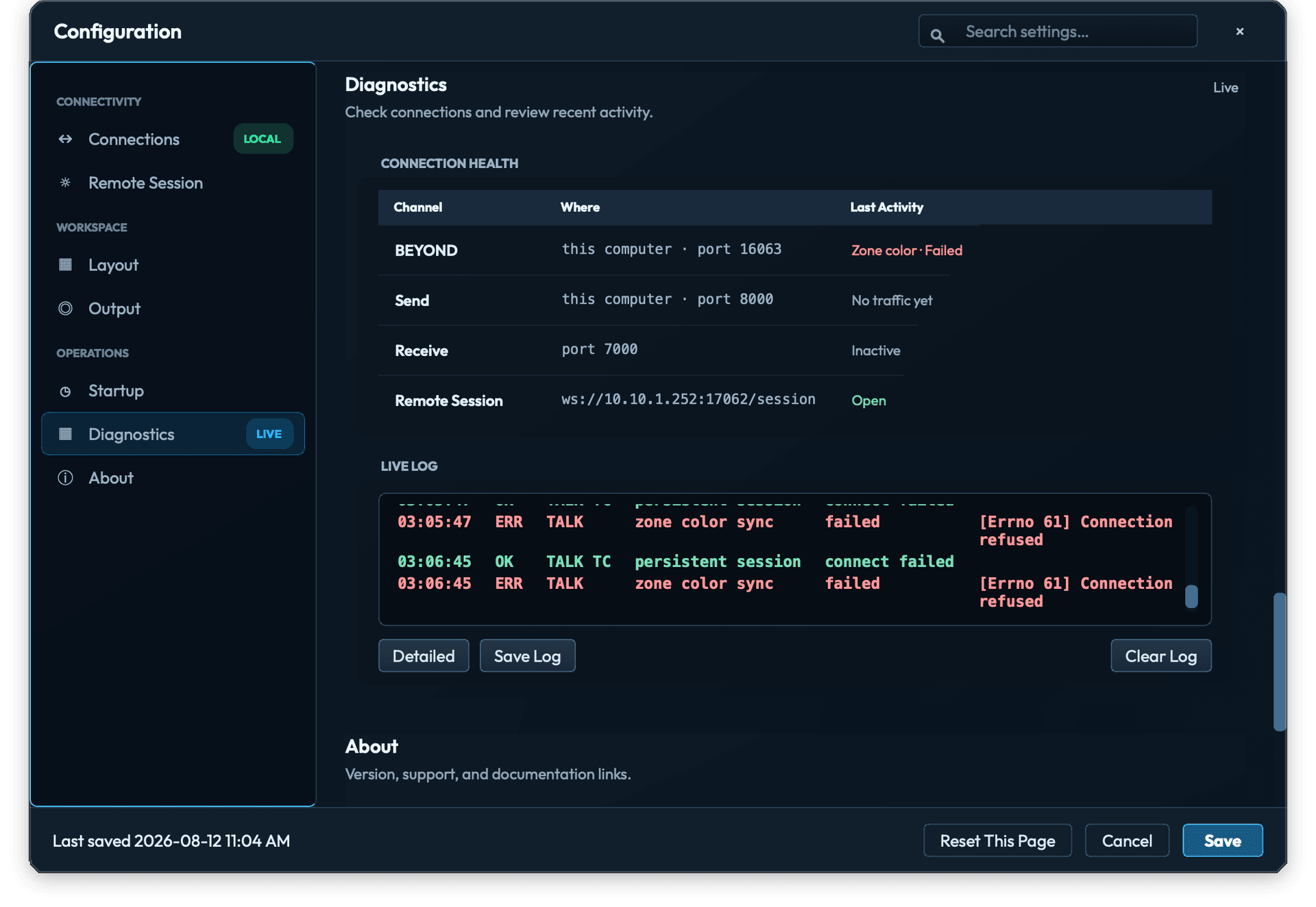 Configuration Diagnostics page with connection health rows for BEYOND, Send, Receive, and Remote Session, followed by the live log.