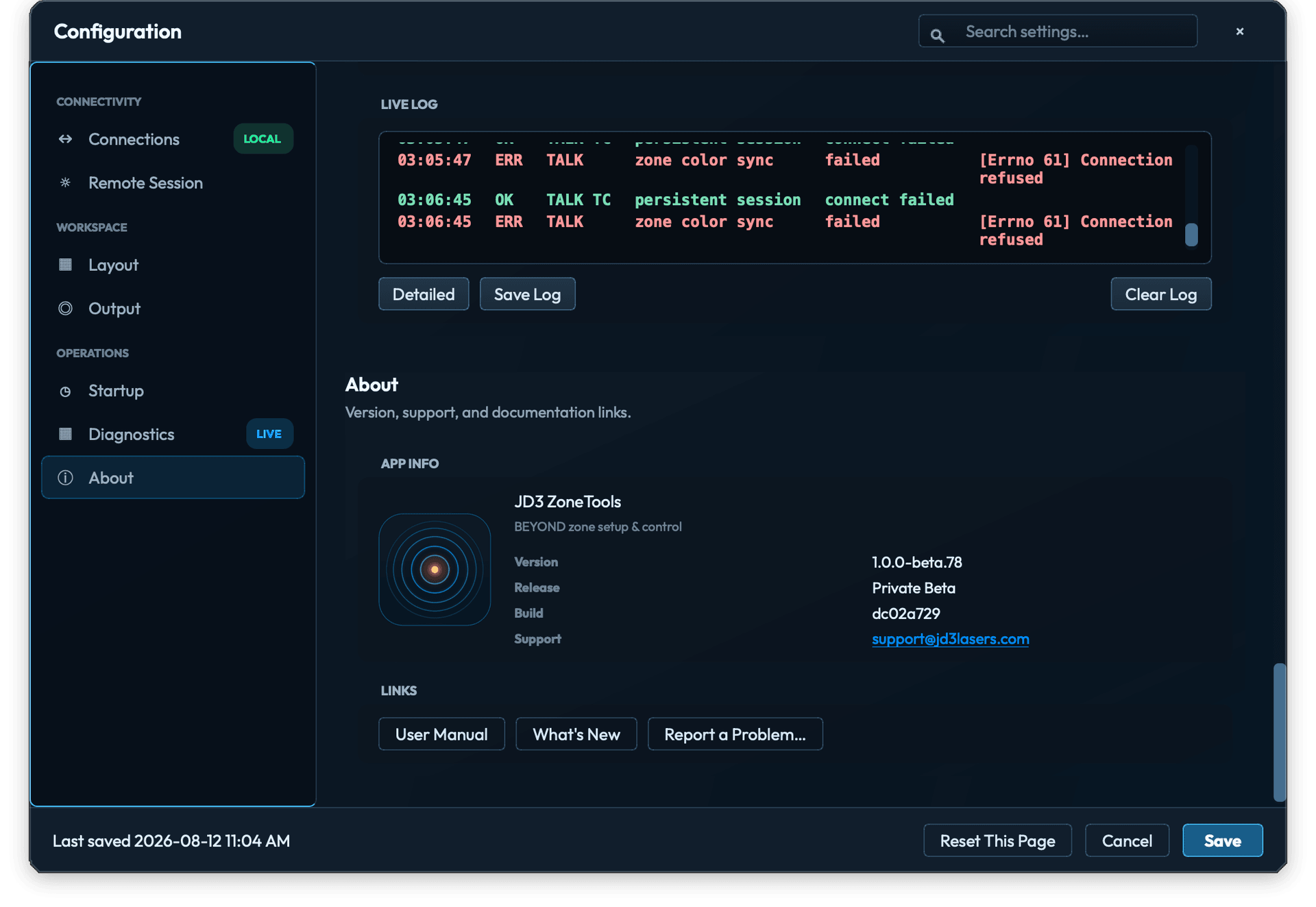 Configuration About page showing JD3 ZoneTools version 1.0.0-beta.78, Private Beta release, build identifier, support address, and documentation links.