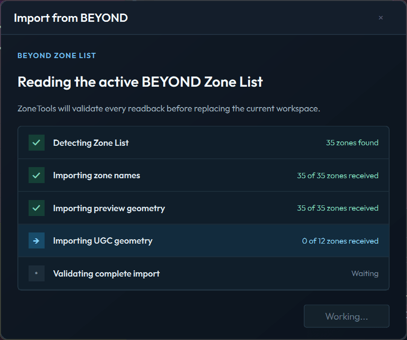 Import from BEYOND dialog showing five phases: Detecting Zone List, Importing zone names, Importing preview geometry, Importing UGC geometry, and Validating complete import.