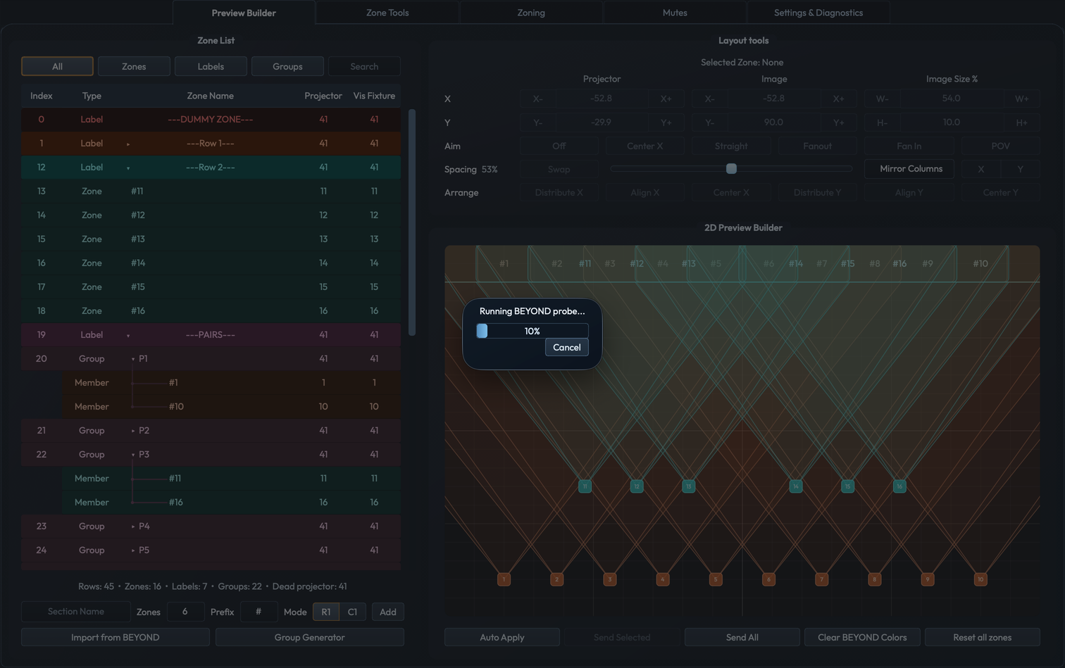 Import from BEYOND progress dialog showing zones being probed