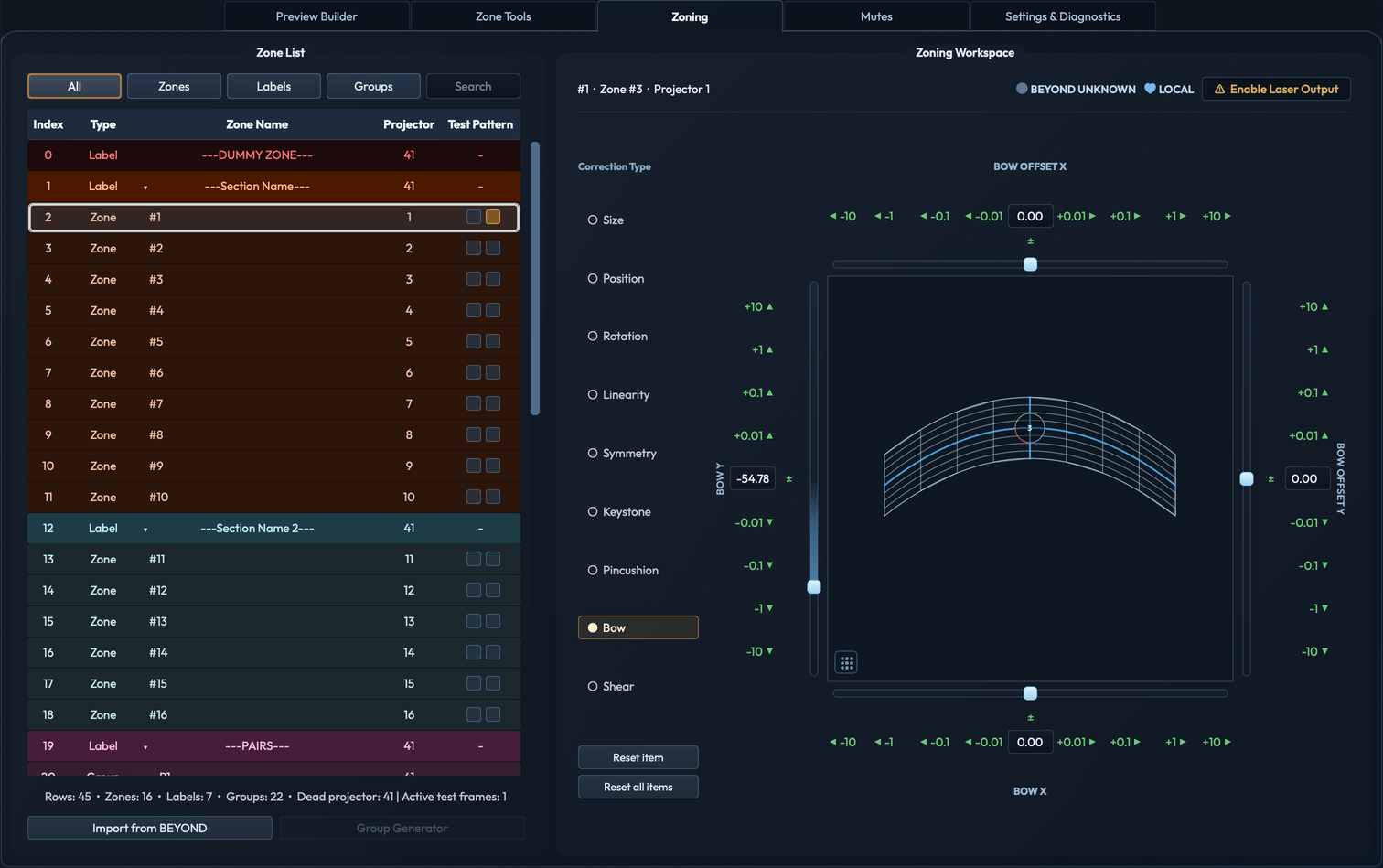 Zoning workspace showing bow correction sliders and a warped mesh on the projector