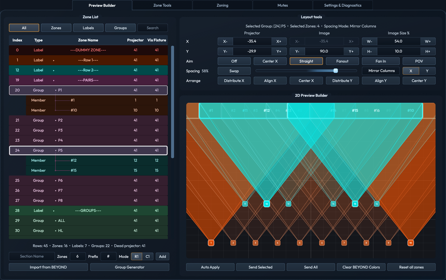 Preview Builder canvas showing P1 and P5 selected with their zone colors pushed live to BEYOND