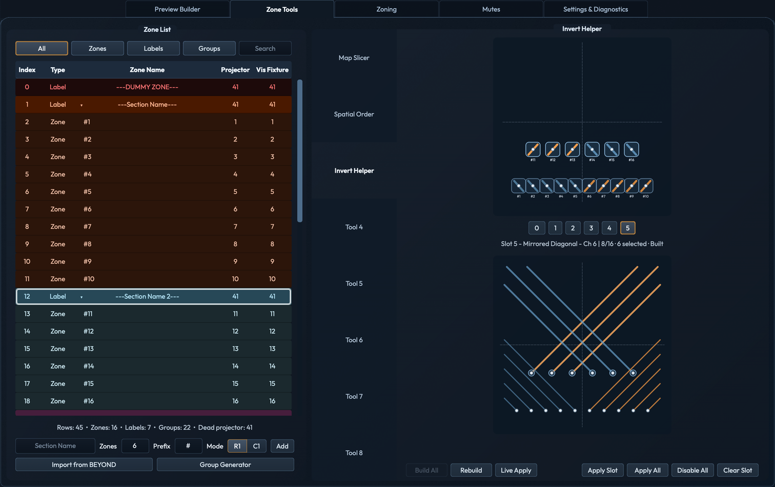 Zone Tools Invert Helper showing slot 5 with mirrored bands invert type